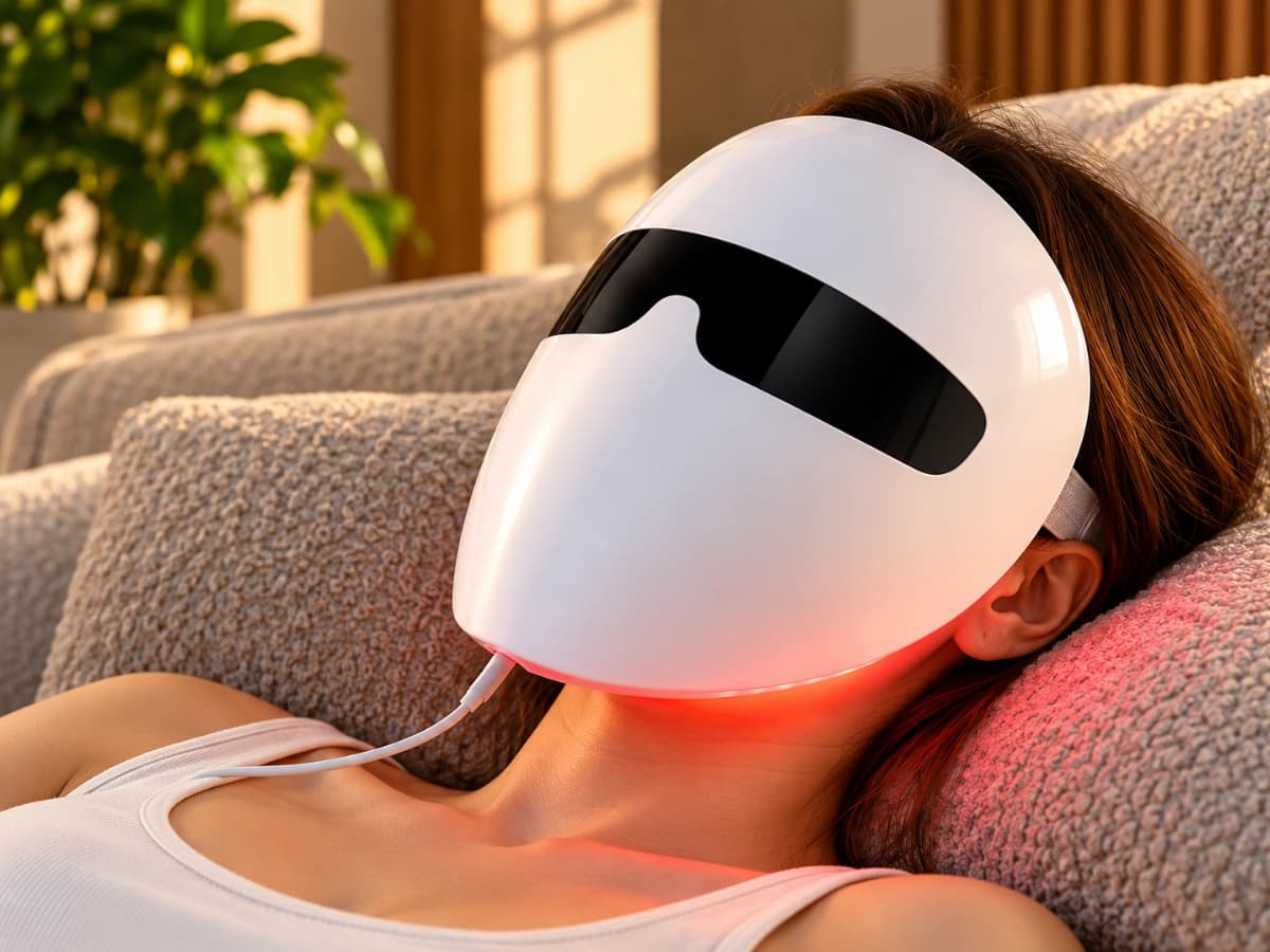 Luma Shell 2 Multi-Wavelength LED Face Mask (Hard Shell, 7 Modes) in use