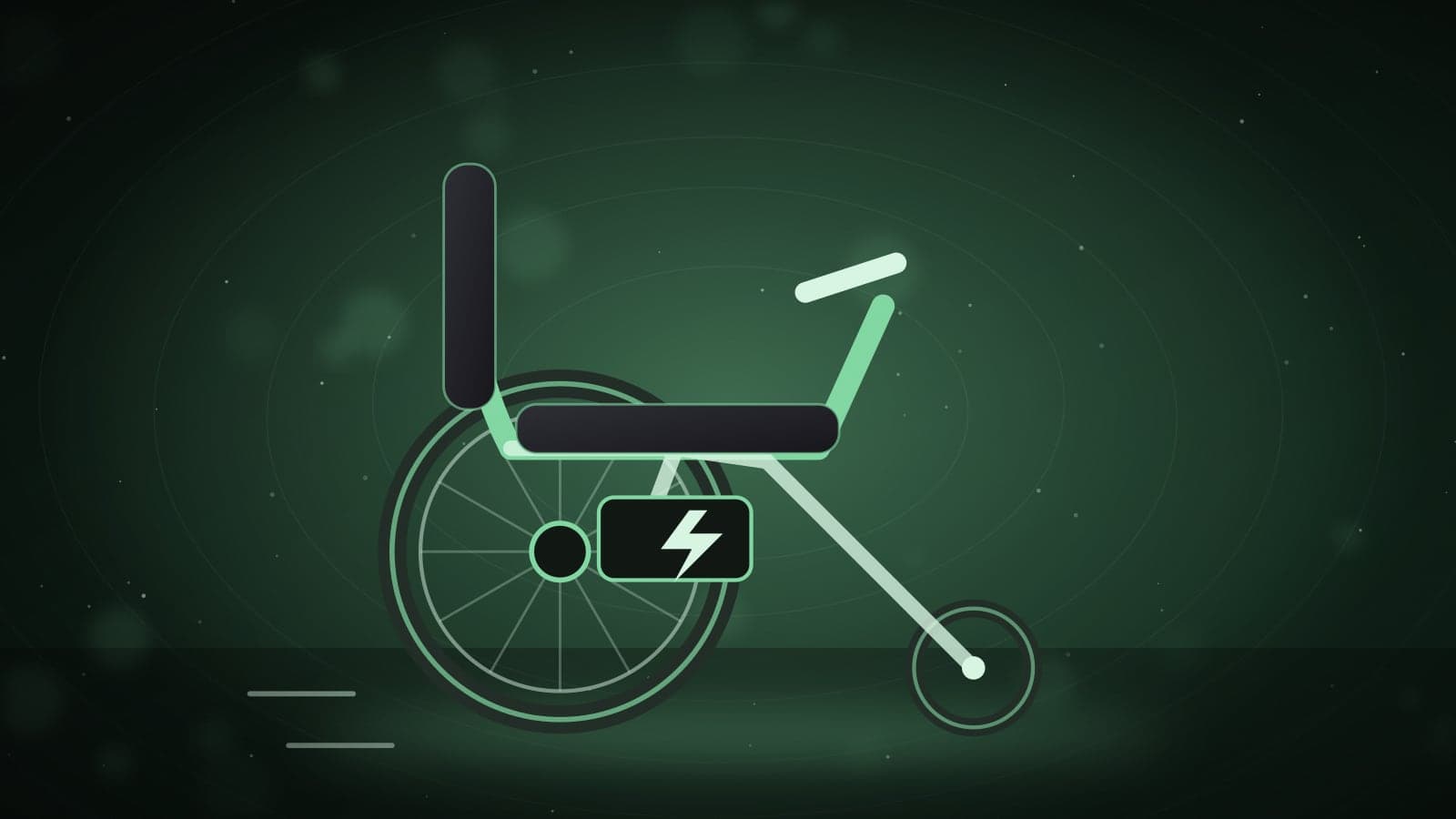 Illustration of an electric wheelchair with a battery pack and large rear wheel