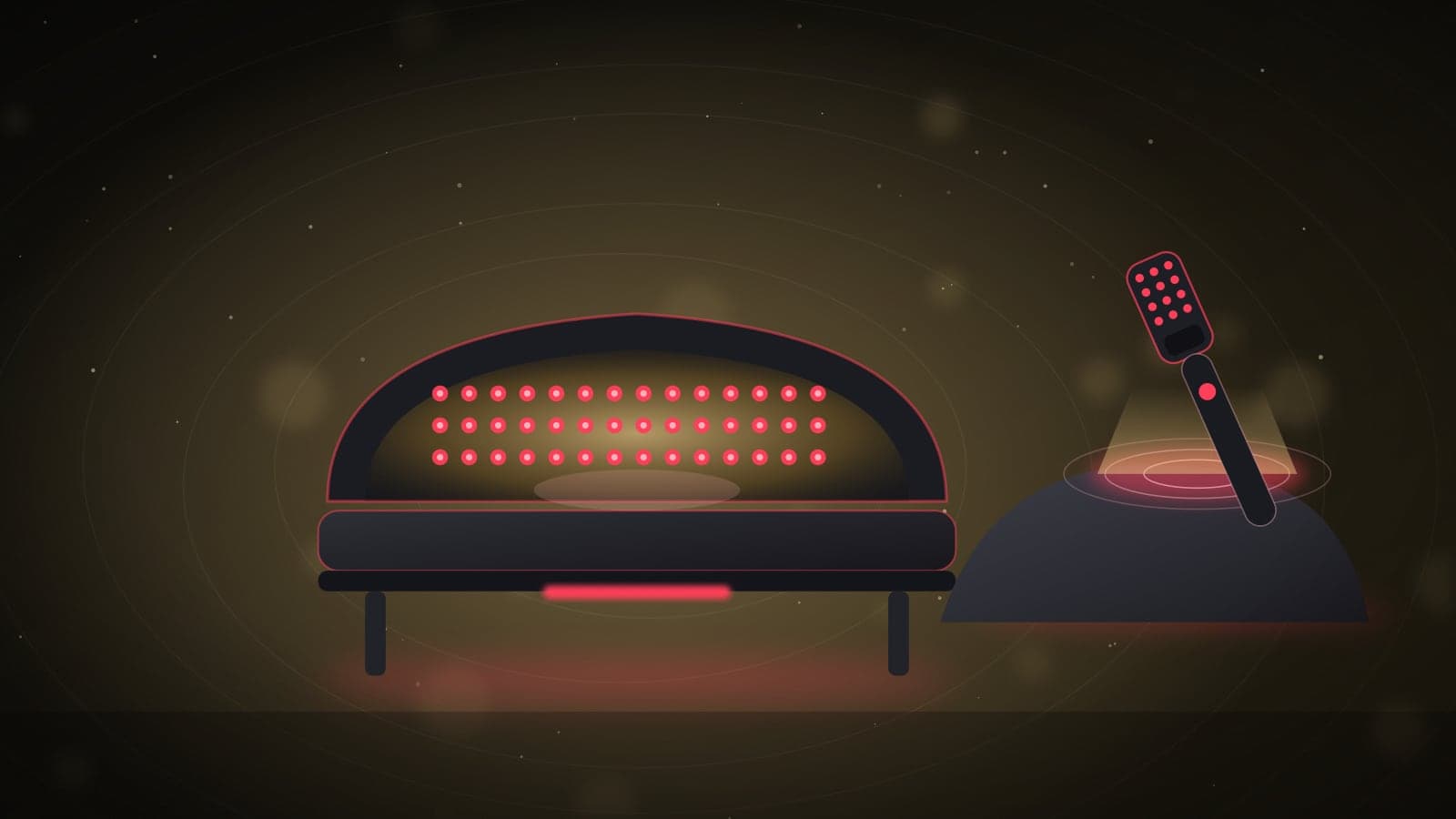 Illustration of a treatment bed with a red light panel and a handheld device