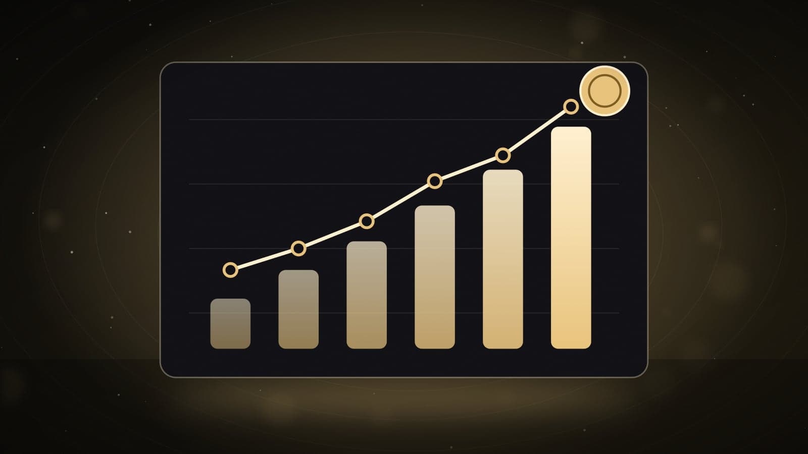 Illustration of a rising bar and line chart with a coin marker