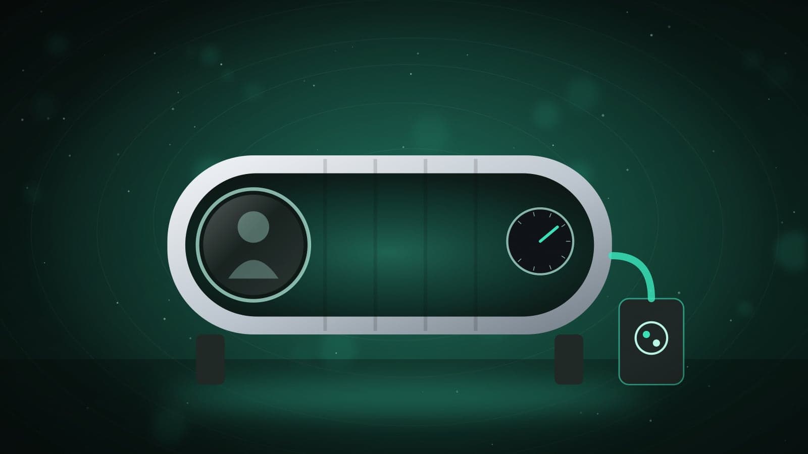 Illustration of a hyperbaric oxygen chamber with a round window and pressure gauge