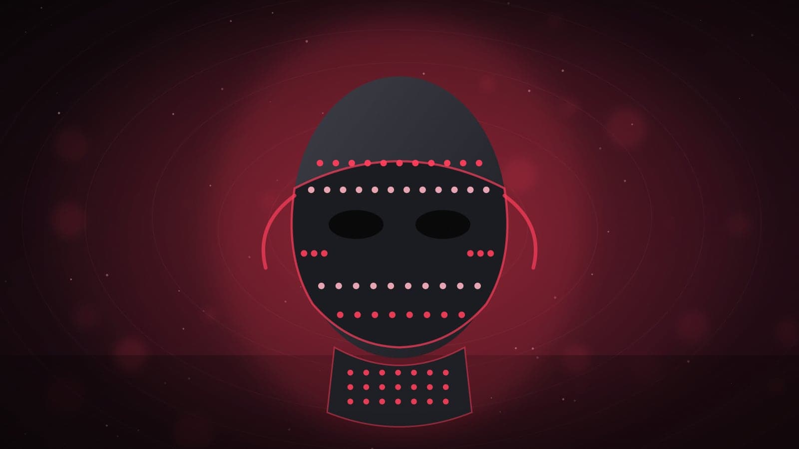 Illustration of an LED light therapy face mask glowing red on a face and neck