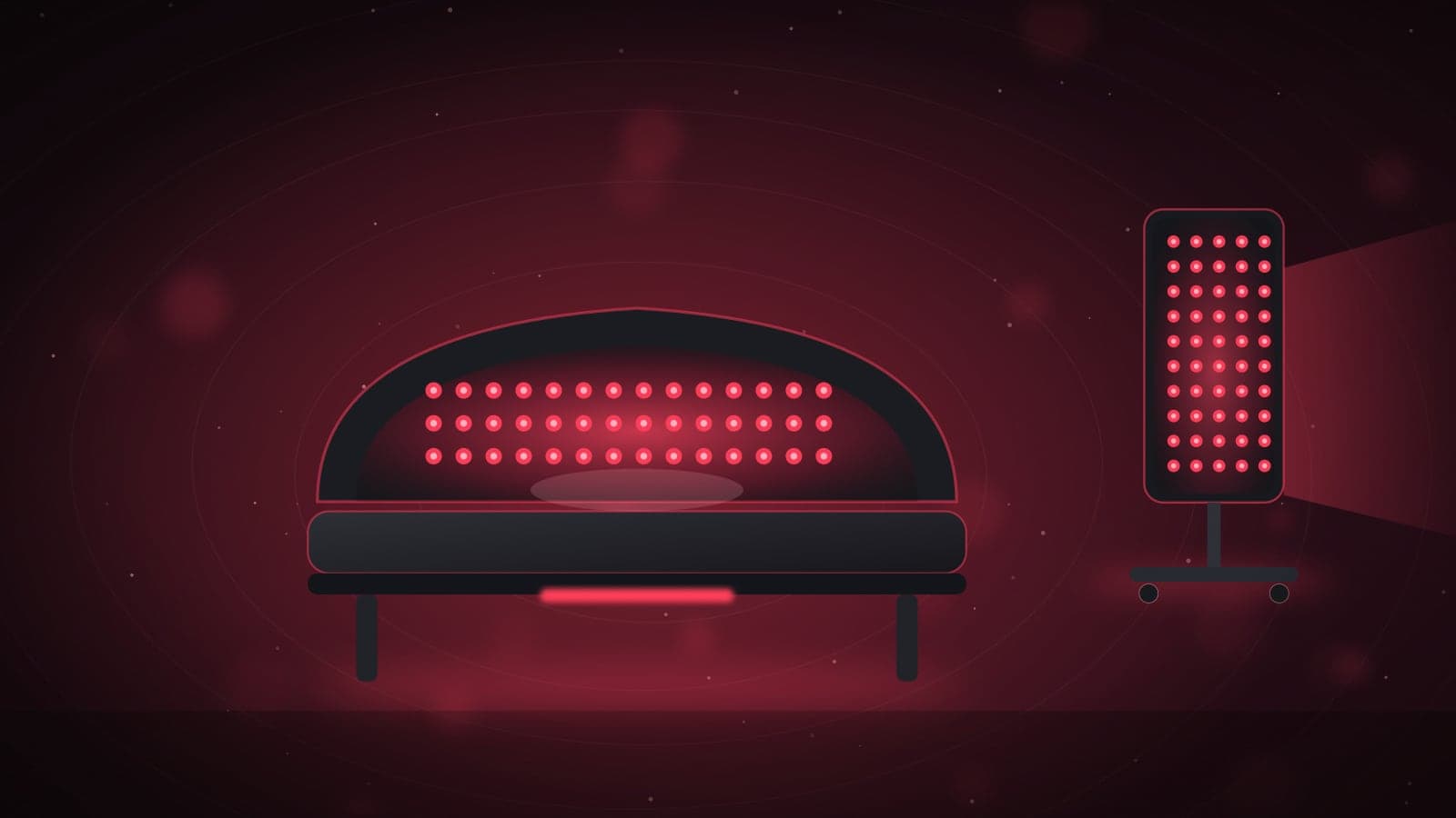 Illustration of a full-body red light bed next to a tall red light stand