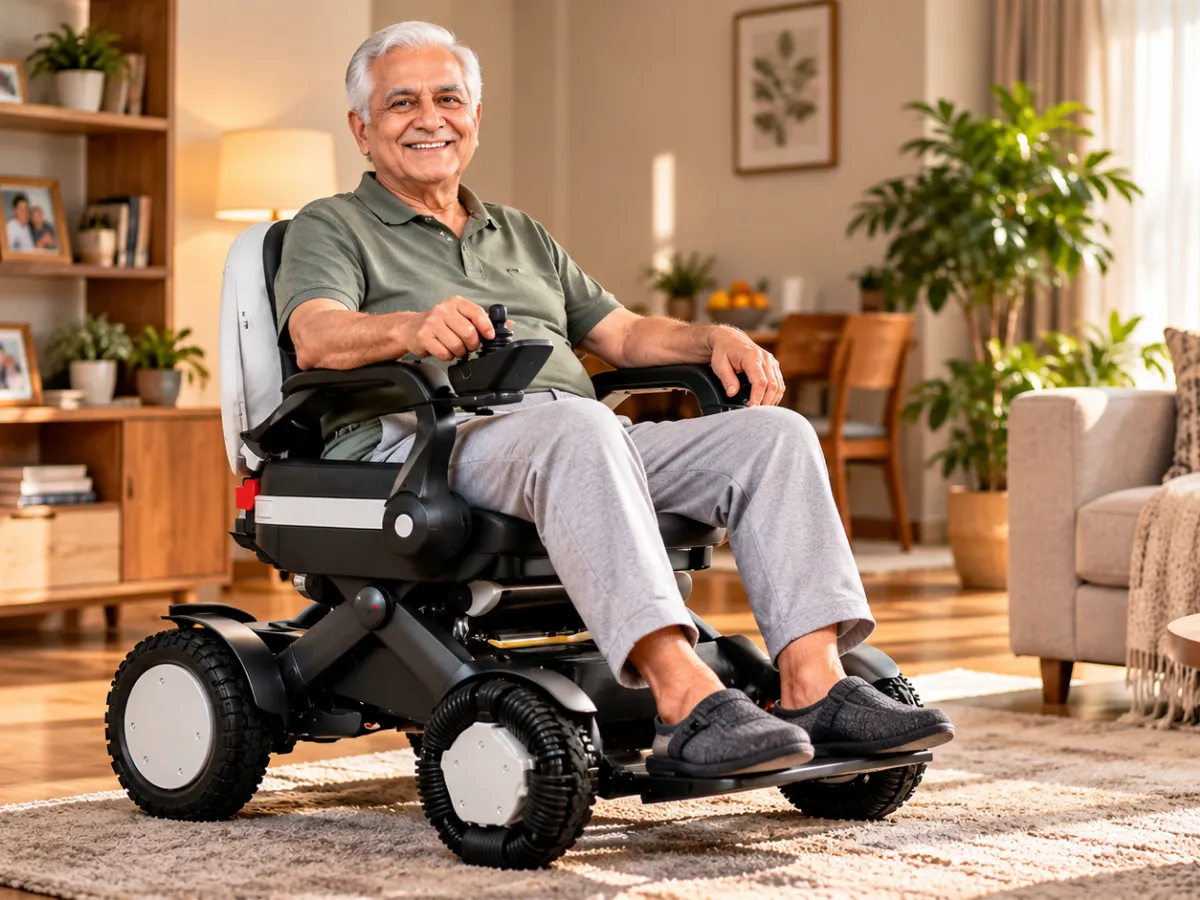 Glide Flex Foldable Electric Wheelchair (X-Fold, Adjustable Seat Height) in use