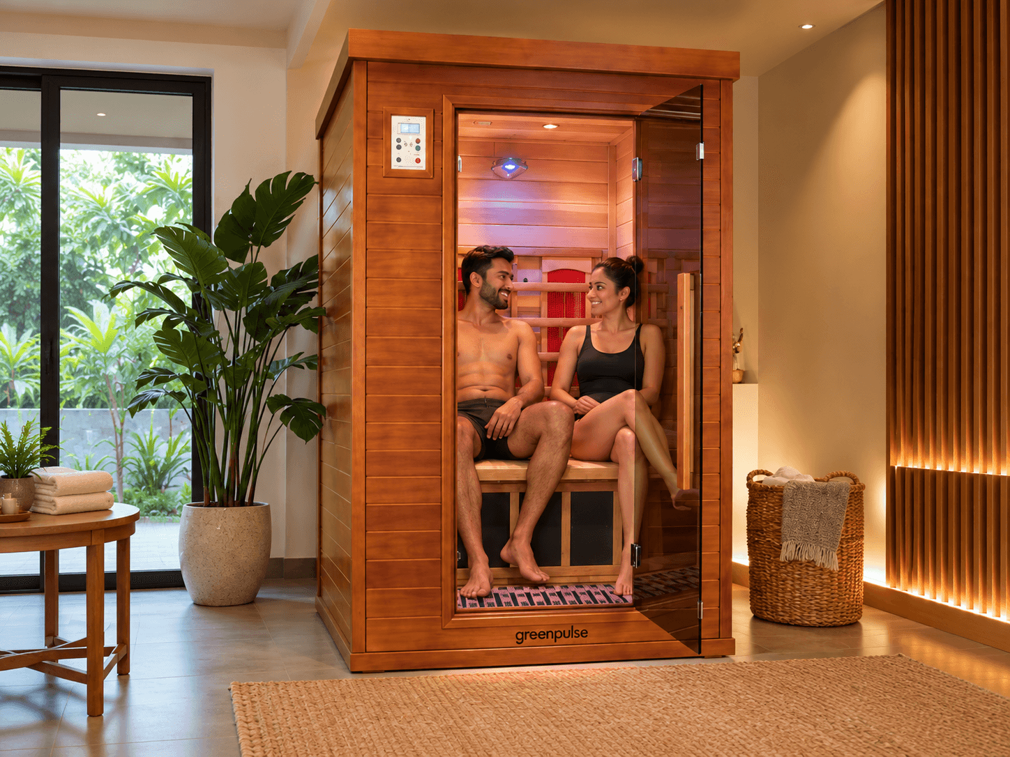 Halo Hybrid 2 Infrared Sauna (2 Person, Carbon + Ceramic Heater) in use